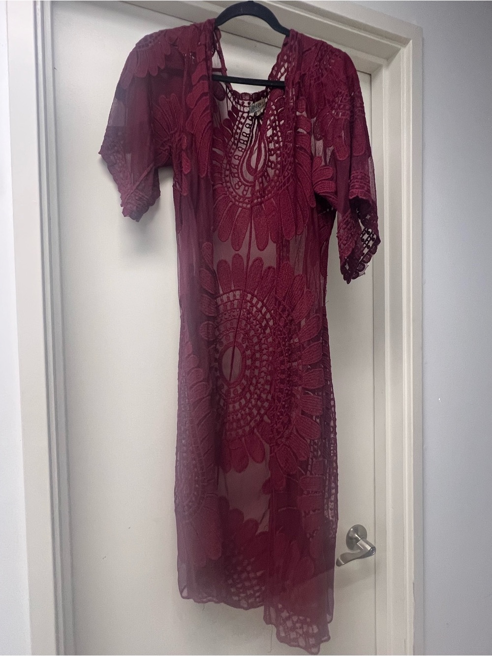 Sheer Lace Crochet Swim Coverup in Wine